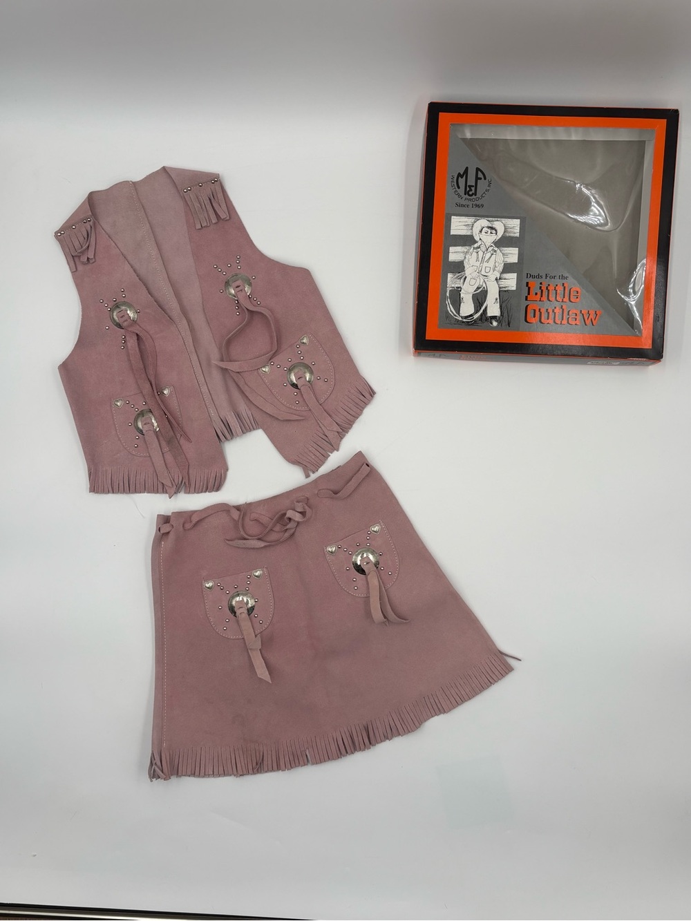 Little Outlaw Girls M Leather Cowgirl Vest Skirt Set Pink Fringe Costume - Picture 2 of 15